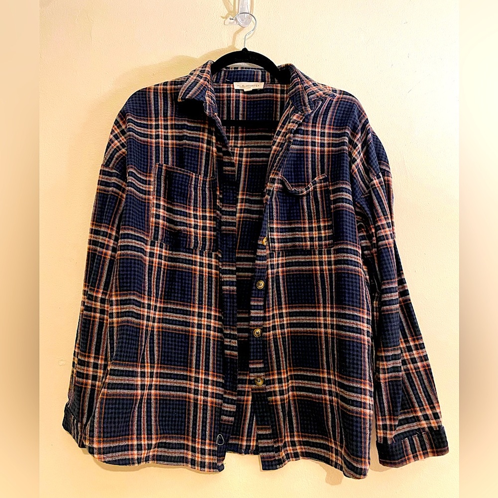 LA Hearts cozy flannel button down shirt (navy, orange/tan & white)